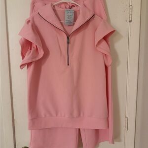 Pink Short Sleeve Zip-Up Top and Pants Set